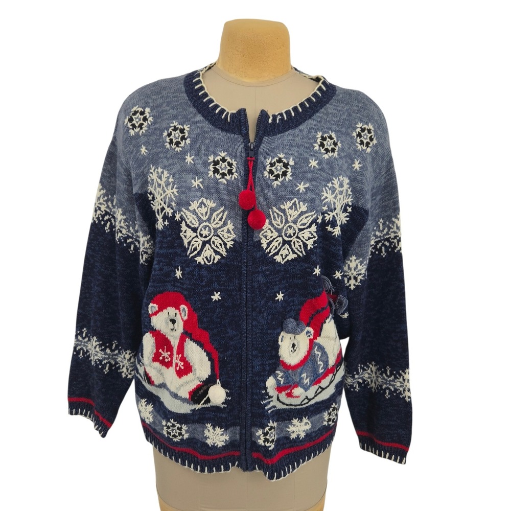 Vintage Tiara Zip Up Sweater Women 22/24 Polar Bear Snowflakes Blue Knit Festive